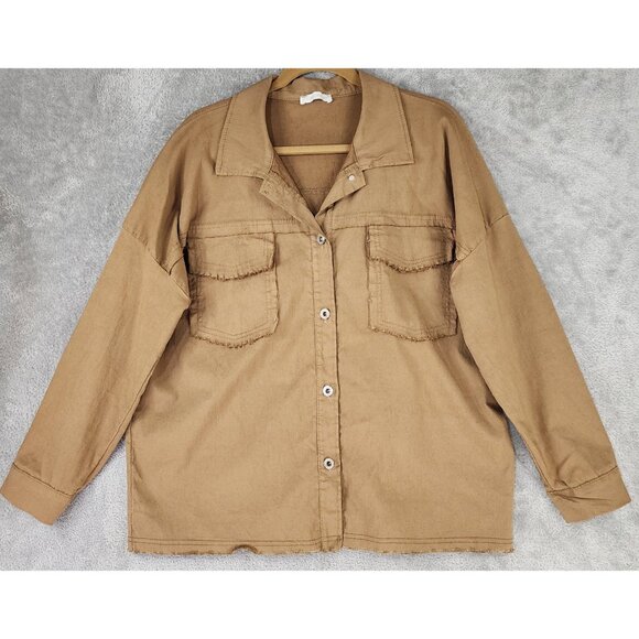 Made In Italy Jacket Womens Small Khaki Fringed Oversized Rock N Roll Shacket - Picture 2 of 11